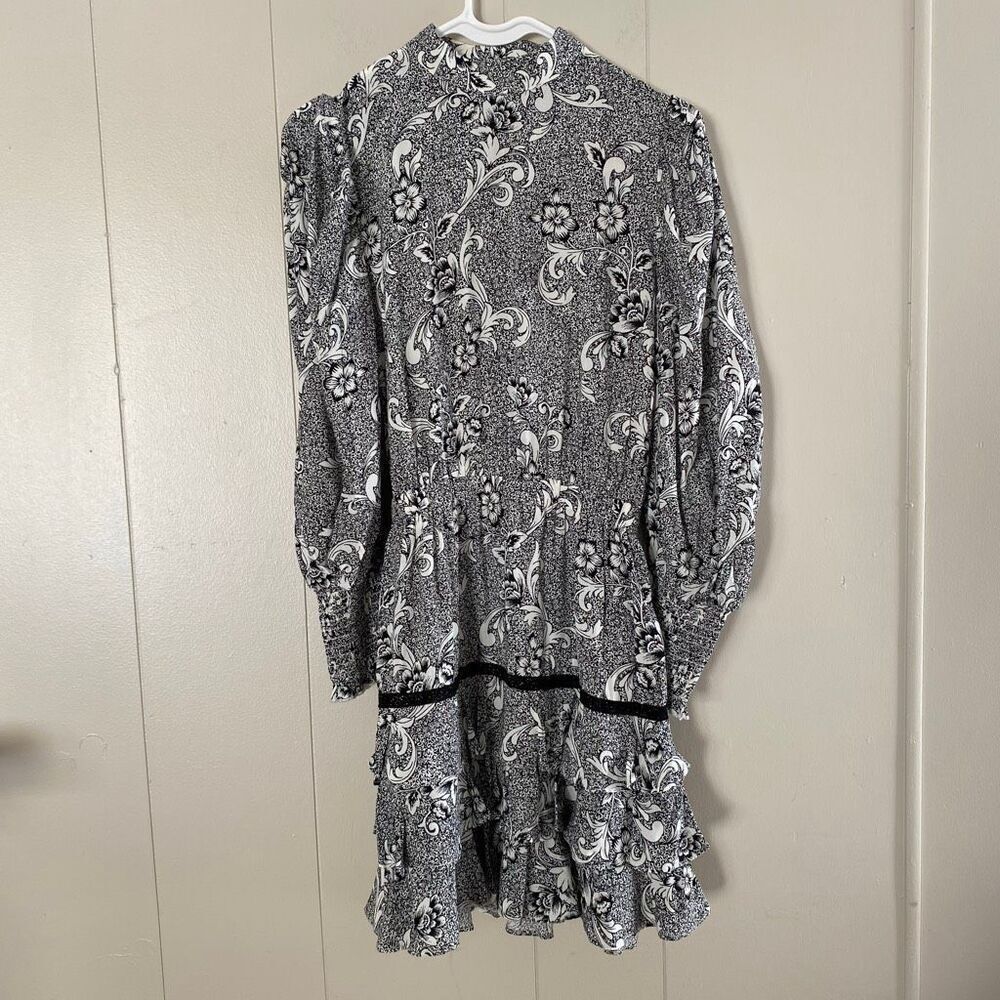 Forever 21 Black White Floral Ruffle Mini Dress • Long Sleeve • Smocked Waist •